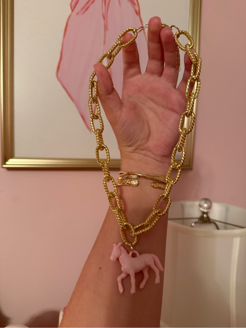Gold Chain Necklace with Pink Horse Pendant - Women Jewelry